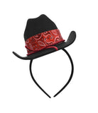 Mini Black Cowboy Hat Headband Red Paisley Bandana Trim Unisex Costume Accessory