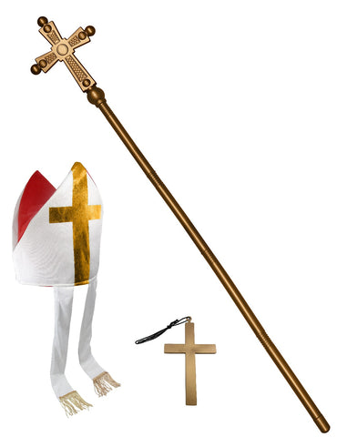 Adult Bishop Priest Pope Hat Crucifix Necklace Gold Cross Staff Saint Costume Accessory Set