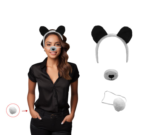 Unisex Panda Bear Ears Headband and Tail Costume Set, Black/White, One Size