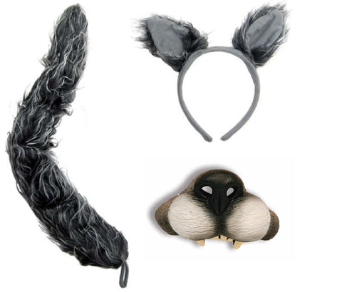 Big Bad Wolf Ears Tail Mini Nose Mask Werewolf Animal Wolfman Costume Kit Set