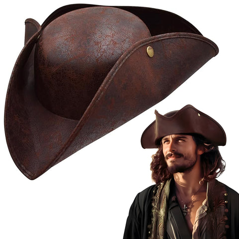 Adult Distressed Brown Pirate Tricorne Hat Tri-Corner Tricorn Faux Leather Colonial Costume