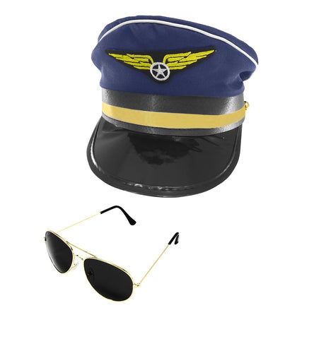 Airline Aviator Pilot Captain Hat and Sunglasses Set, Navy Blue Gold, One Size