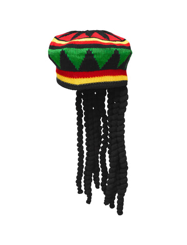 Rasta Hat with Black Dreadlocks Wig Crochet Beanie Cap Hippie Costume Accessory