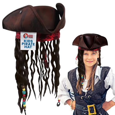 Child Buccaneer Caribbean Sparrow TriCorn Pirate Hat Dreadlocks Hair Costume Cap