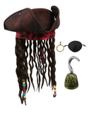 Caribbean TriCorn Pirate Hat Dreadlocks Hair Earring Eye Patch Handheld Hook Set