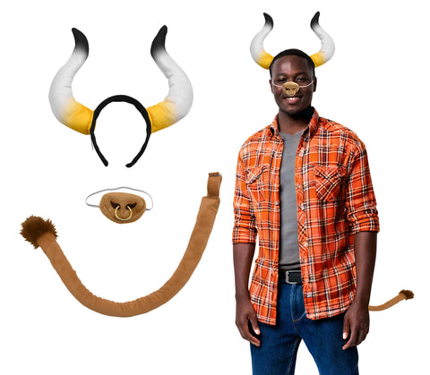 Adult Bull Horned Headband Nose & Tail Set Cow Animal Cosplay Costume Accessory