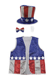 Adult Deluxe Uncle Sam Top Hat Vest Bowtie Beard Sequin Patriotic Costume Set