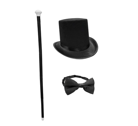 Felt Top Hat Cane and Matching Bowtie Halloween Cosplay Costume Accessory Set