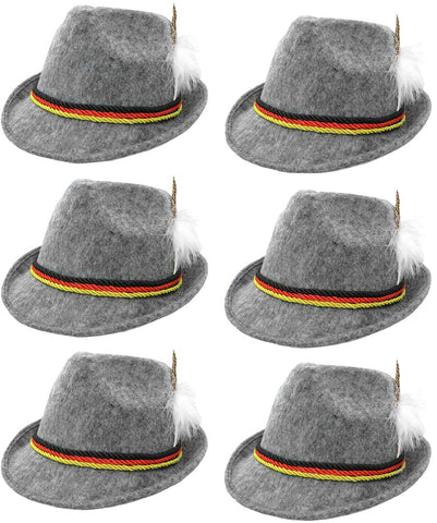 German Alpine Oktoberfest Hat with Feather, (Pack of 6) Gray, One Size