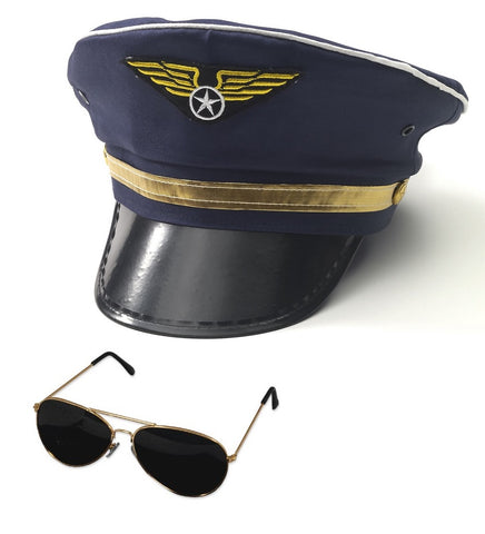 Nicky Bigs Novelties Airline Pilot Captain Hat and Aviator Glasses Set Blue/Gold