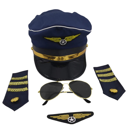 Airline Pilot Costume Accessory Set, Blue Gold, One Size