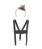 Gray Lederhosen Suspenders Mini Alpine Hat Headband German Oktoberfest Costume Set