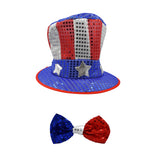 Uncle Sam Red White Blue Hat Sequin Patriotic Top Hat and Bow Tie Costume Set