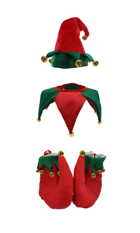 Adult Clown Elf Jester Hat Collar Shoes Accessories Set Costume 3 Piece Kit