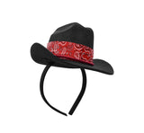 Mini Black Cowboy Hat Headband Red Paisley Bandana Trim Unisex Costume Accessory