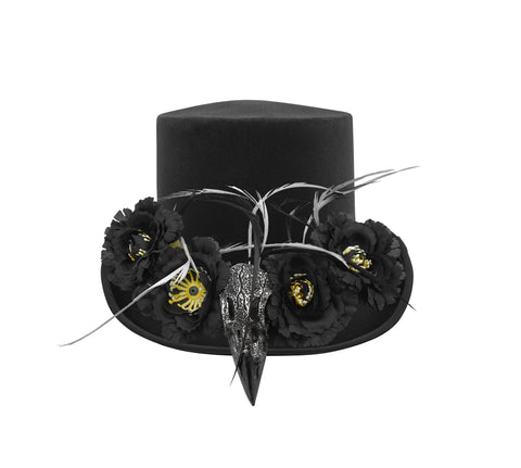 Adult Black Voodoo Top Hat Crow Raven Skull Bones Feather Witch Doctor Costume Headpiece