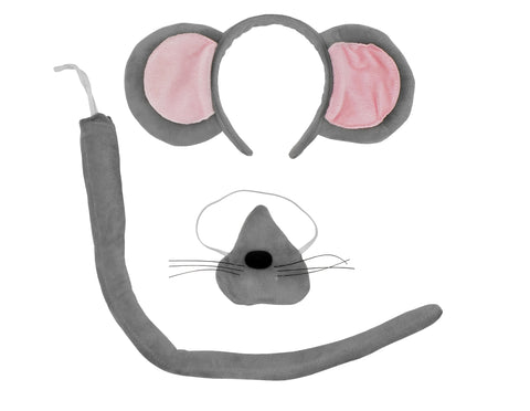 Unisex Adult Jumbo Gray Mouse Ears Headband Tail Nose Halloween Accessory Set