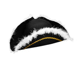 Adult Black Tricorn Hat White Faux Feathers Brim Tri-Corner Pirate Accessory