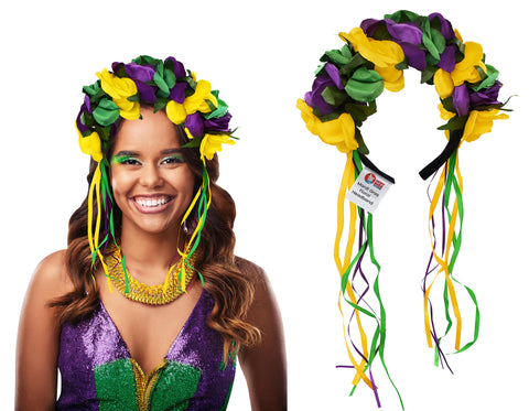 Womens Deluxe Mardi Gras Floral Crown Colorful Flower Headband Accessory