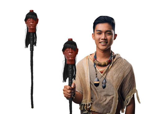 Voodoo Shrunken Head Medicine Man Staff Witch Stick Cosplay Adult Costume Prop