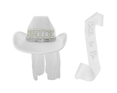 White Cowboy Cowgirl Bride Bling Hat With Veil and Sash Rodeo Bachelorette Party