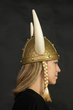 Adult Nordic Viking Helmet with Horns Braids Barbarian Warrior Costume Accessory Gold