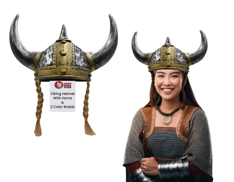 Adult Nordic Viking Helmet with Horns Braids Barbarian Warrior Costume Accessory