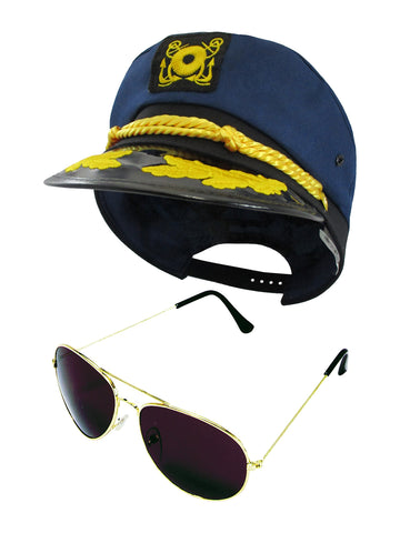 Yacht Skipper Boat Captain Hat Sailor Ship Cap Navy Blue Gold Aviator Sunglasses