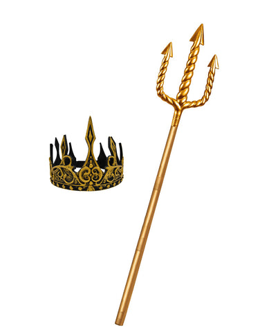 Adult Underwater Sea King Foam Gold Crown w/ Trident Staff Costume Accessory Set