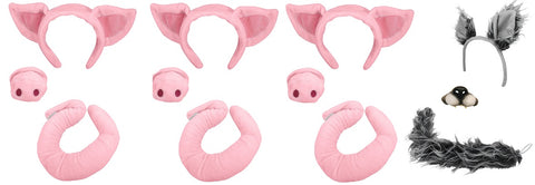 3 Pigs and Wolf Headband Tails Noses Costume Set, Pink/Gray, One Size