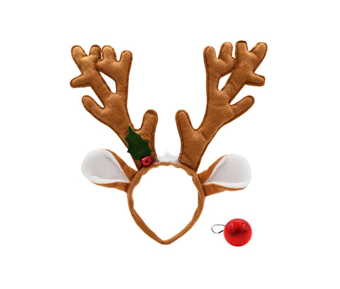 Womens Light Up Rudolph Nose Reindeer Antler Ears Headband Costume Accessory Set