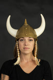 Adult Nordic Viking Helmet with Horns Braids Barbarian Warrior Costume Accessory Gold