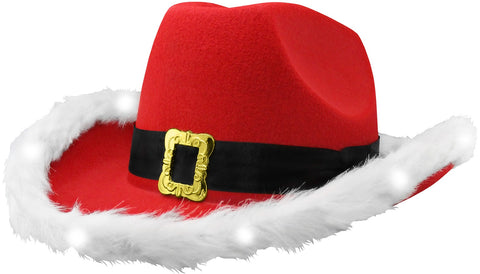 Unisex Light Up LED Red & White Santa Claus Christmas Cowboy Hat Western Costume